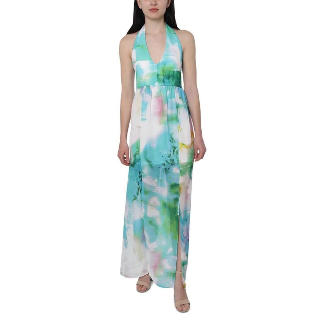Bebe Womens Green White Watercolor Floral Halter Maxi Dress 701934 Size 10